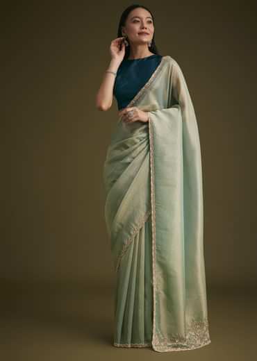 Sea Green Jacquard Sequins Saree With Cutdana Stones