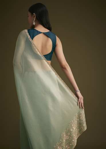 Sea Green Jacquard Sequins Saree With Cutdana Stones