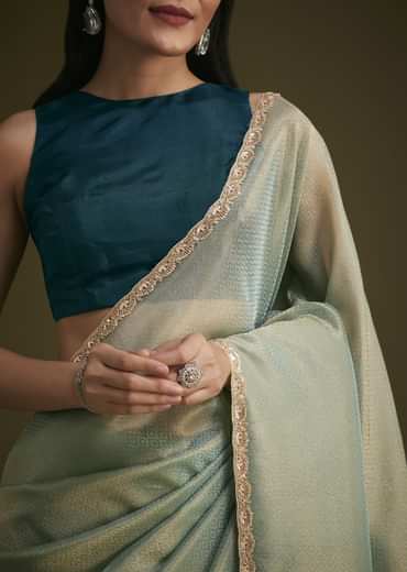 Sea Green Jacquard Sequins Saree With Cutdana Stones