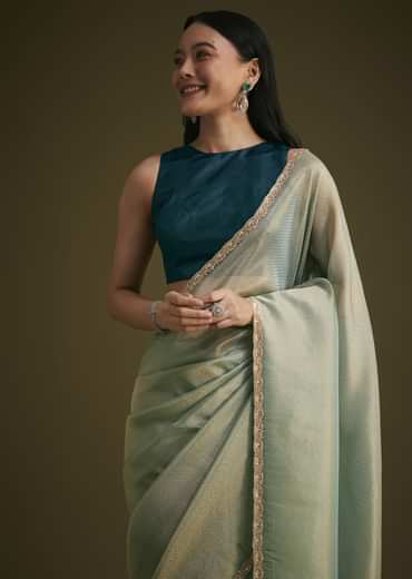 Sea Green Jacquard Sequins Saree With Cutdana Stones