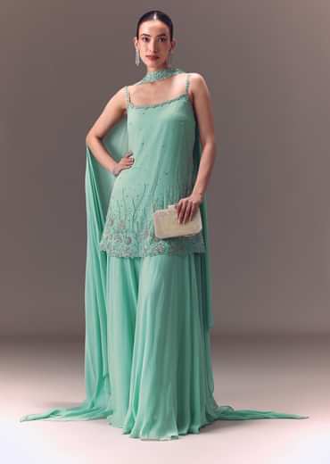 Sea Green Kurta Sharara Set With Choker Dupatta