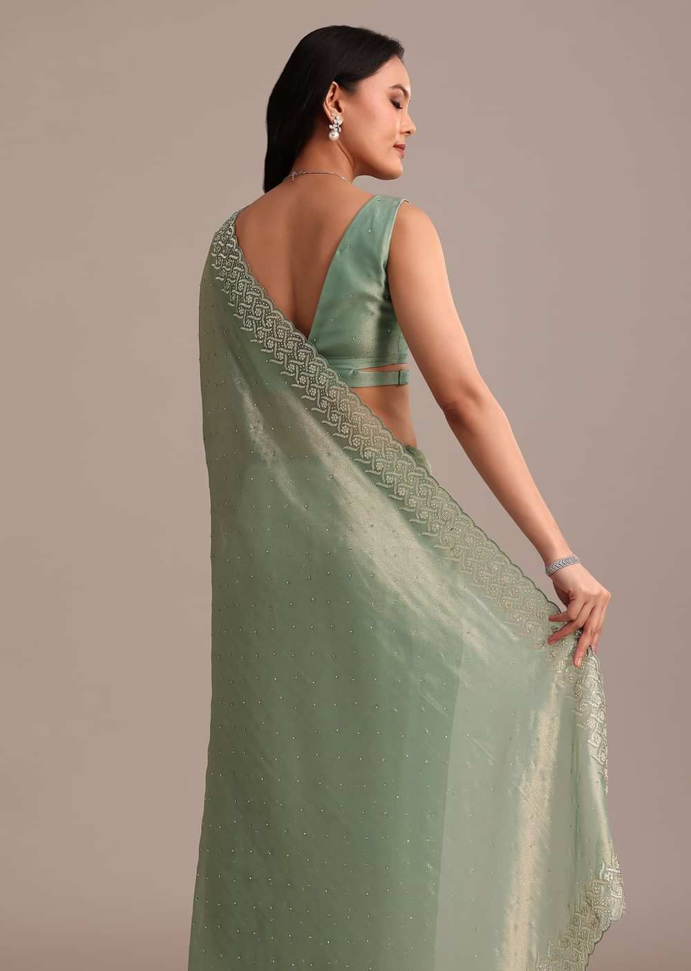 Sea Green Tissue Saree With Cutdana And Stone Embroidery