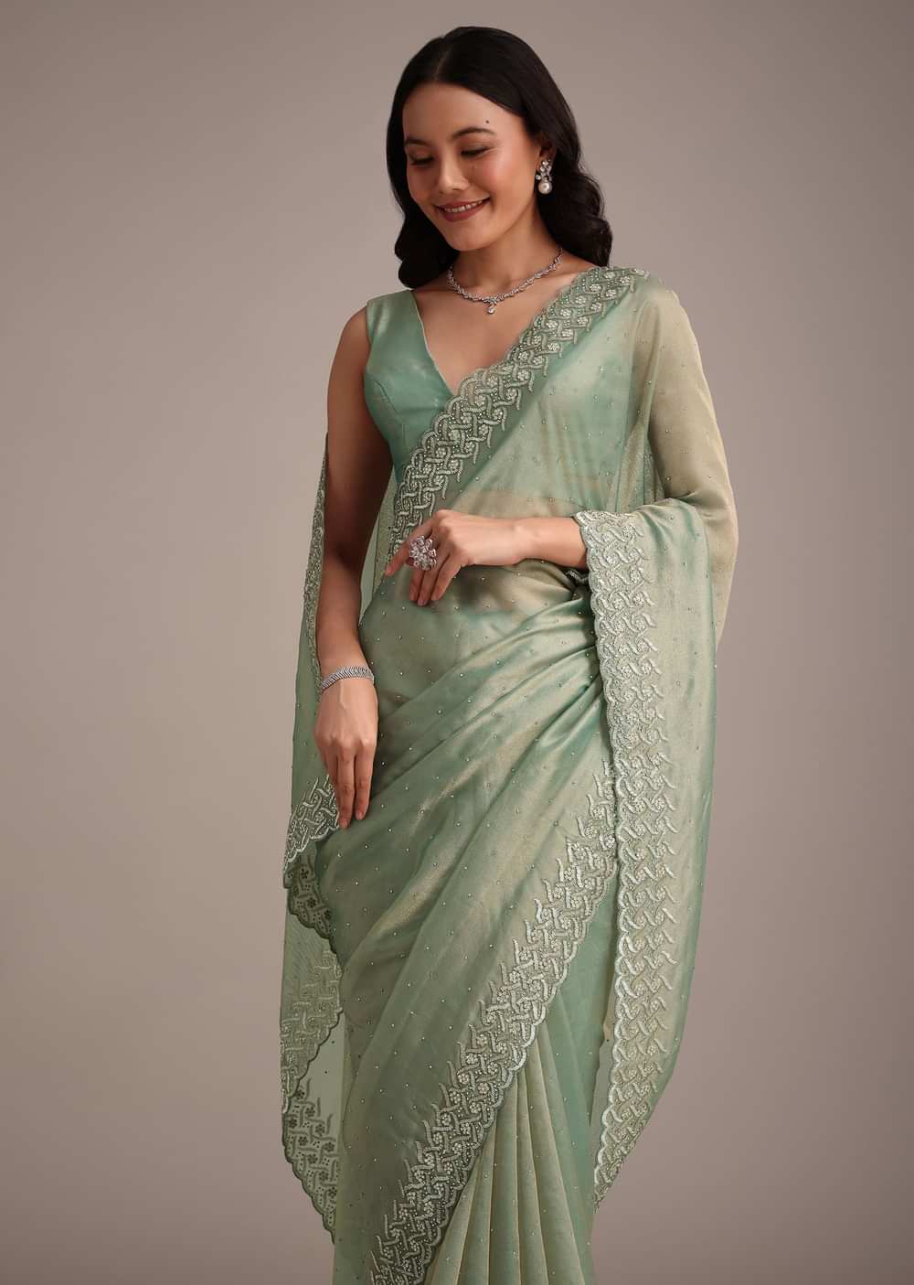 Sea Green Tissue Saree With Cutdana And Stone Embroidery