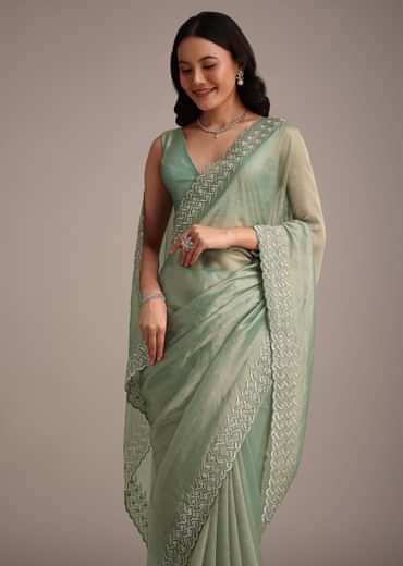Sea Green Tissue Saree With Cutdana And Stone Embroidery