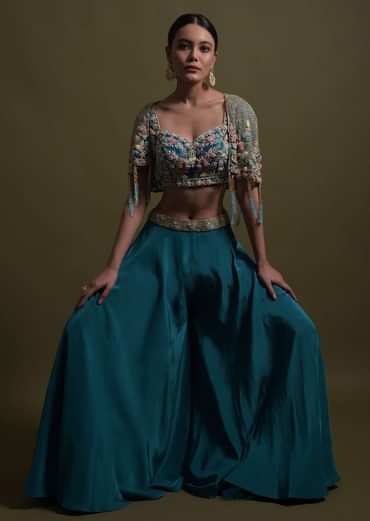 Seaside Blue Crop Top And Palazzo With Embossed Embroidery And Hand Crafted Cape