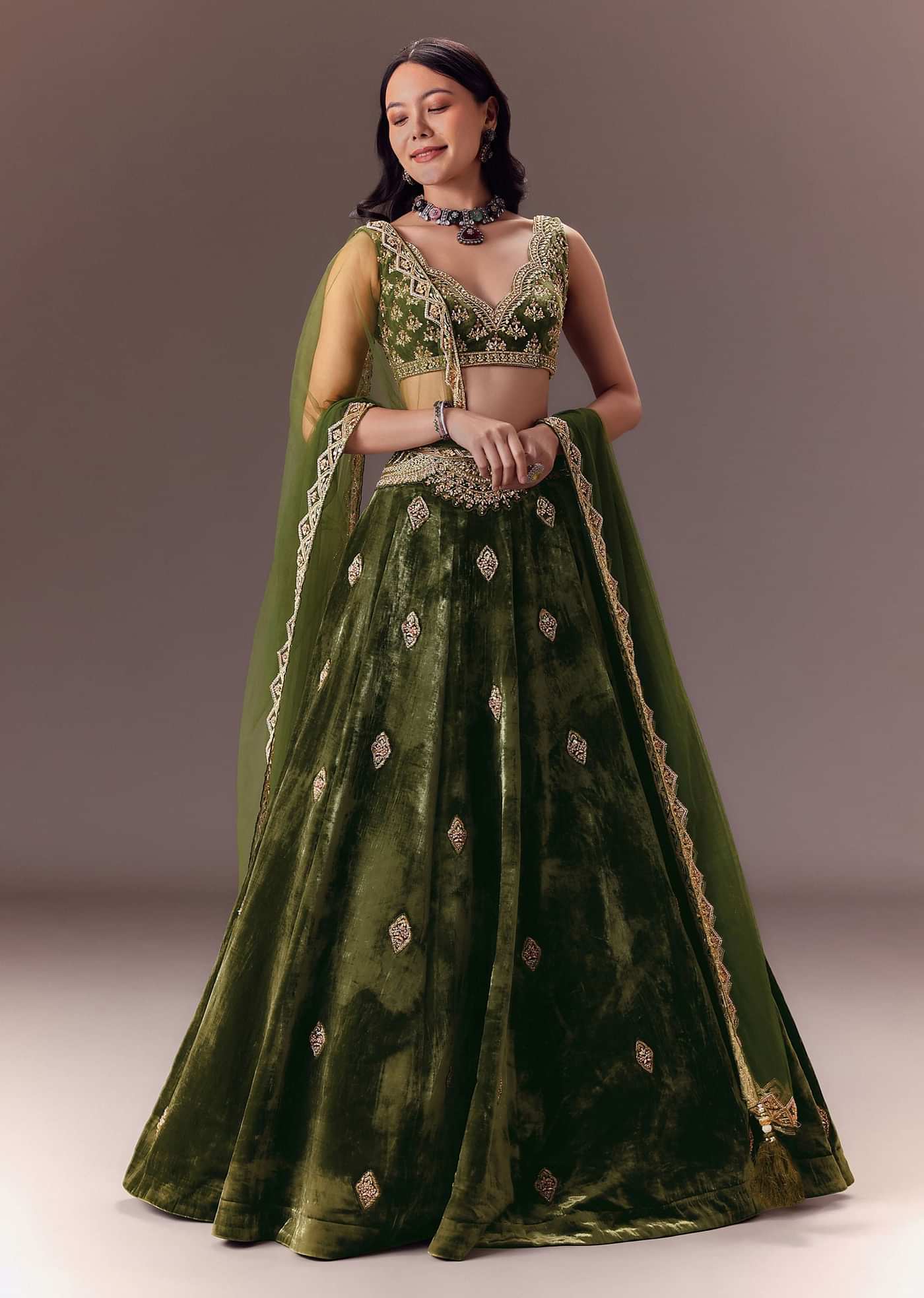 Seaweed Green Velvet Lehenga Set With Hand Work
