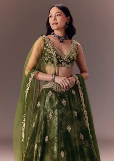 Seaweed Green Velvet Lehenga Set With Hand Work