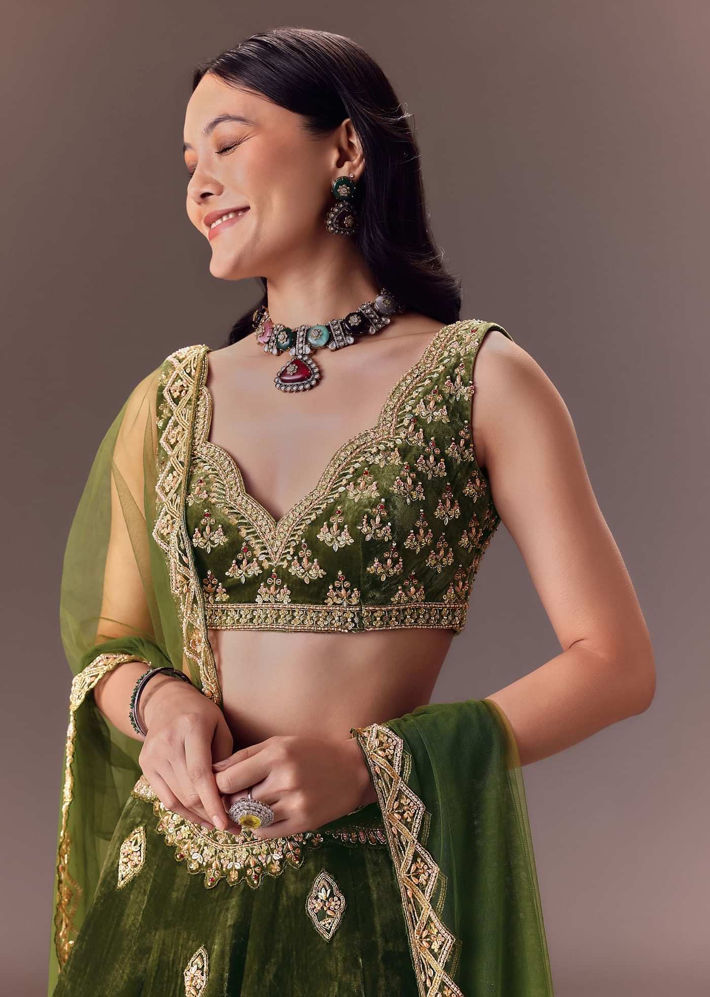 Seaweed Green Velvet Lehenga Set With Hand Work