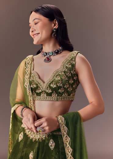 Seaweed Green Velvet Lehenga Set With Hand Work