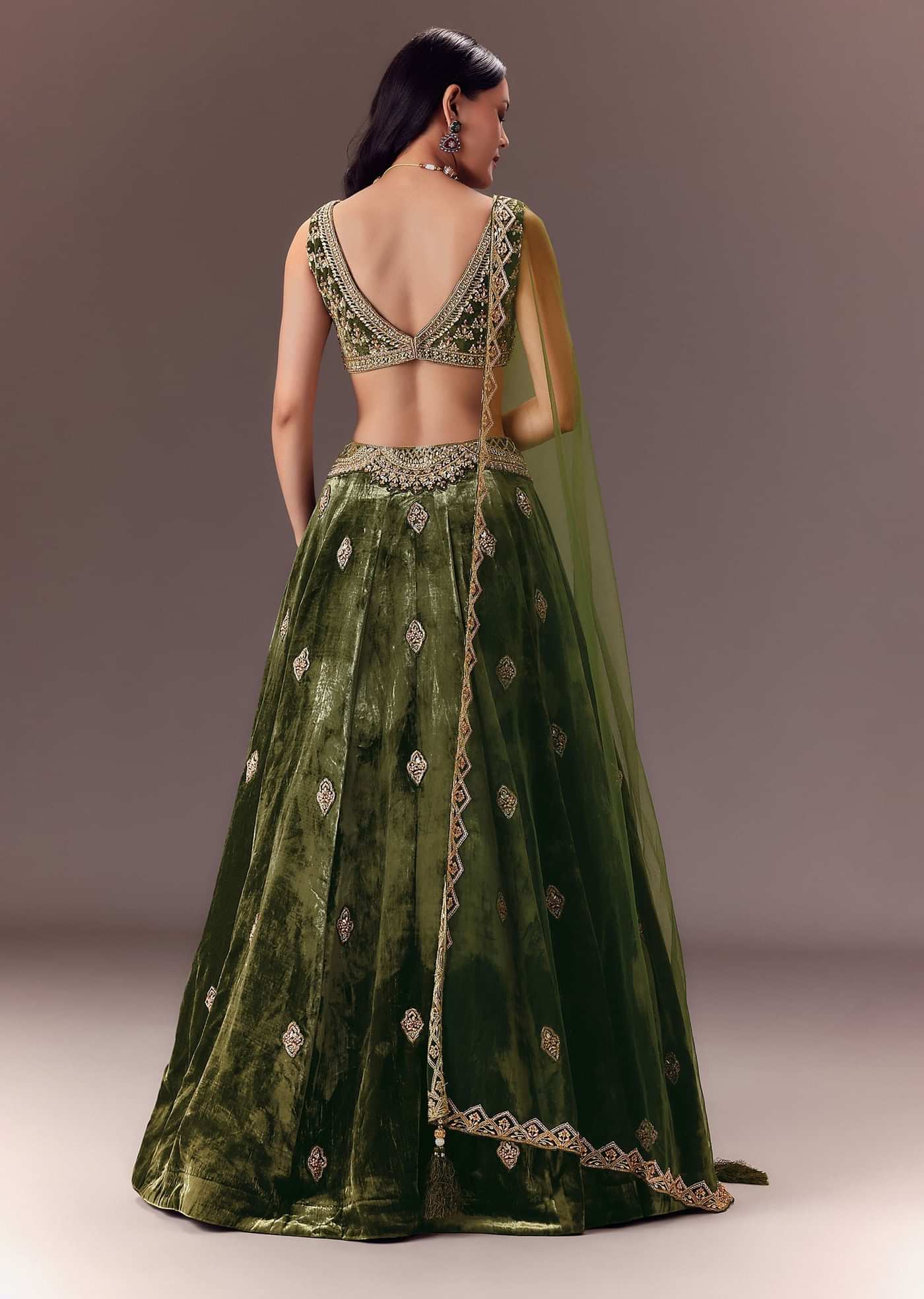 Seaweed Green Velvet Lehenga Set With Hand Work