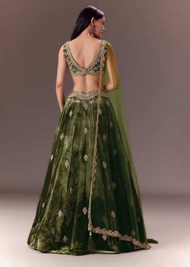 Seaweed Green Velvet Lehenga Set With Hand Work