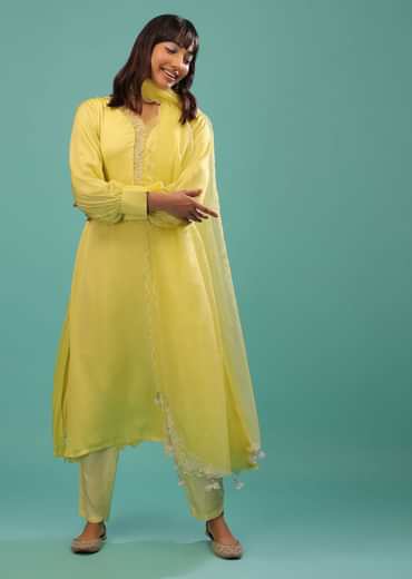 Lime Yellow Bemberg Silk A Line Suit In Organza