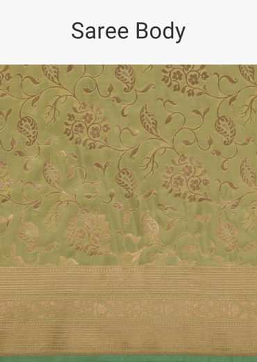 Green Handloom Banarasi Saree In Uppada Silk With Floral Jaal Weave And Unstitched Blouse