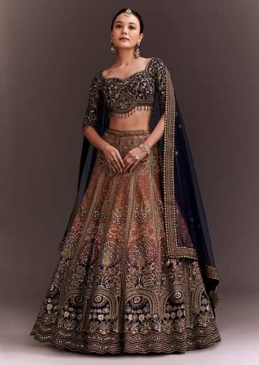 Navy Blue And Orange Zari Embroidered Lehenga Set