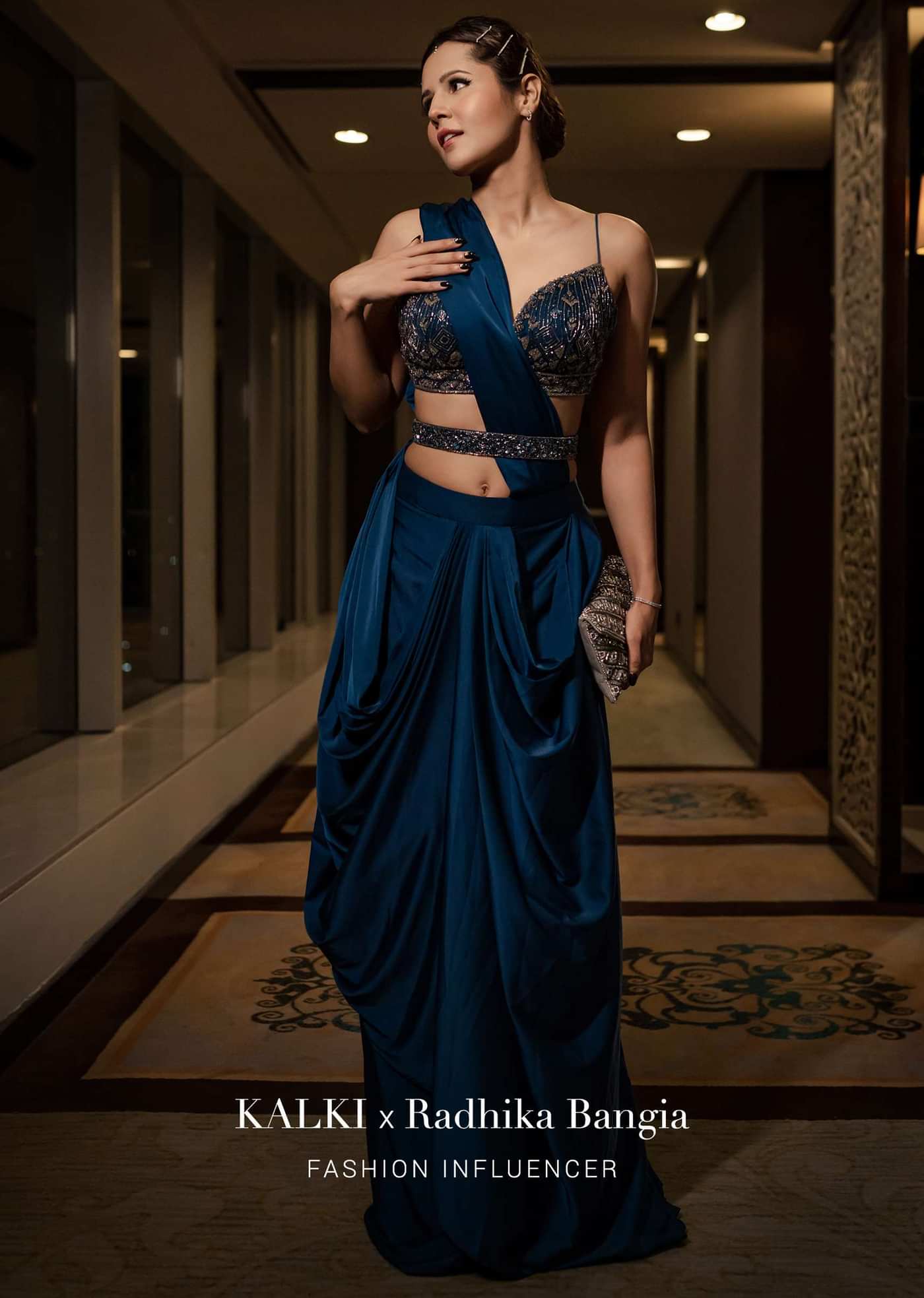 Persian Blue Pre-Pleated Satin Saree With Embroidered Blouse And Belt