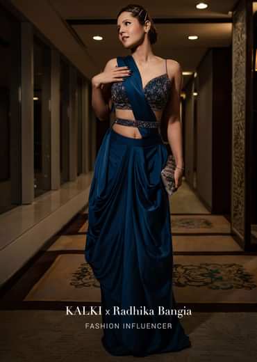 Persian Blue Pre-Pleated Satin Saree With Embroidered Blouse And Belt