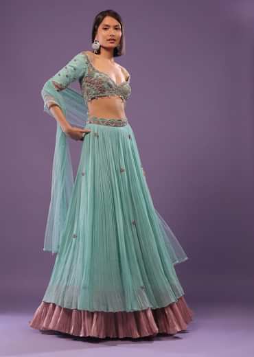 Sky Blue Embroidered Lehenga In Georgette