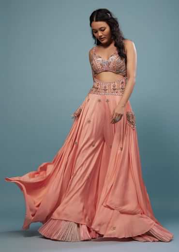 Peach Pink Embroidered Jumpsuit In Satin