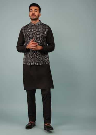 Black Bandi Jacket Set In Silk With Resham And Zari Aari Embroidery