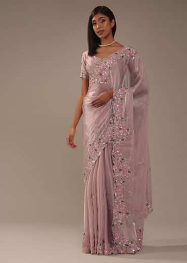 Candy Pink Glass Silk Saree With 3D Floral Embroidery