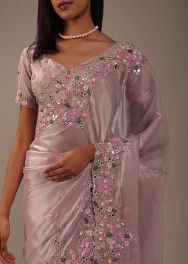 Candy Pink Glass Silk Saree With 3D Floral Embroidery