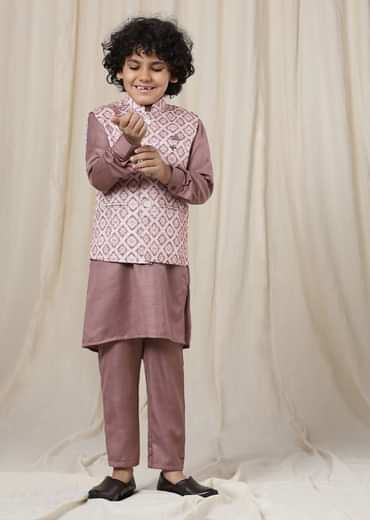 Kalki Woodrose Purple Kurta Set With Printed Bandi Jacket In Silk For Boys