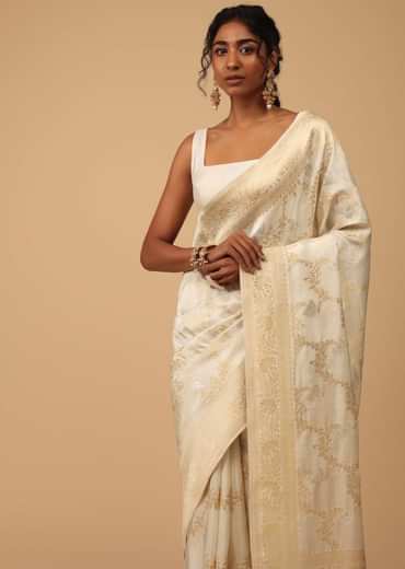 Ivory White Dola Silk Saree With Silver And Gold Jaal Embroidery In Floral Pattern