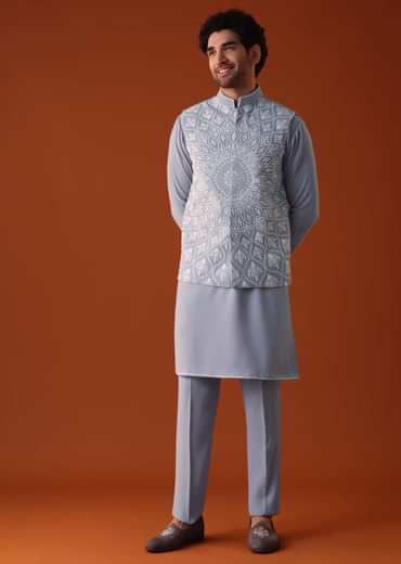 Cool Grey Thread Embroidered Bandi Jacket Set In Polyster Fabric