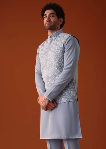 Cool Grey Thread Embroidered Bandi Jacket Set In Polyster Fabric