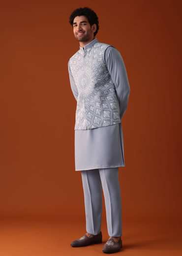 Cool Grey Thread Embroidered Bandi Jacket Set In Polyster Fabric