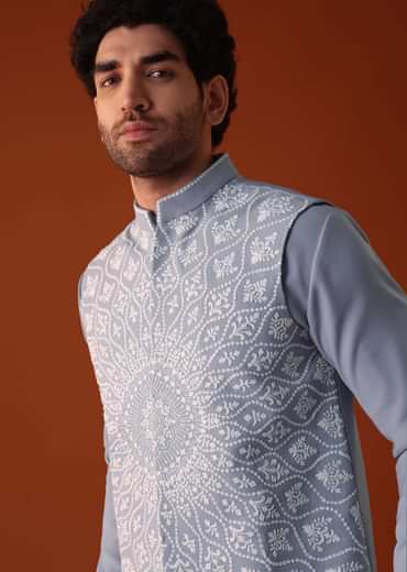 Cool Grey Thread Embroidered Bandi Jacket Set In Polyster Fabric