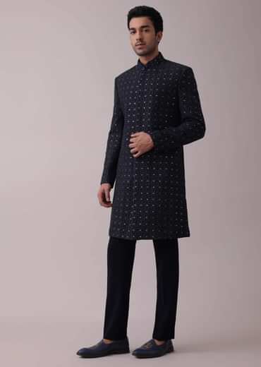 Navy Blue Achkan Set With Mirror And Cut Dana Embroidery