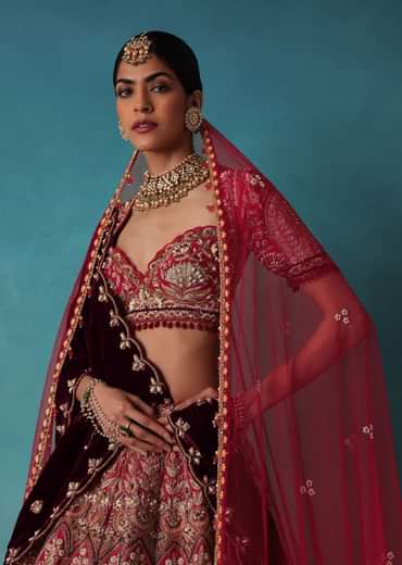 Brick Red Velvet Bridal Lehenga Set With Aari Work