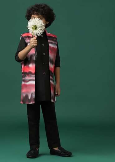 Kalki Black Printed Kurta Jacket Set In Silk For Boys