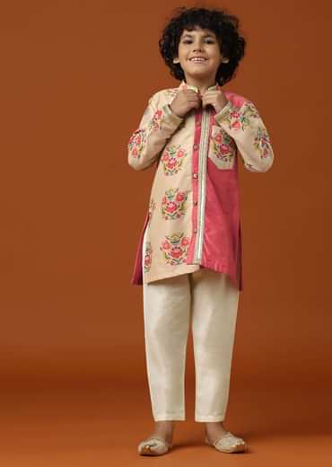 Kalki Coral Beige Printed Kurta Pant Set For Boys