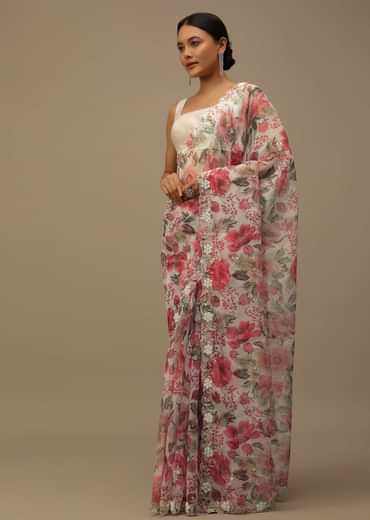 Pearl White Embroidered Organza Saree With Floral Print And Scallop Borders