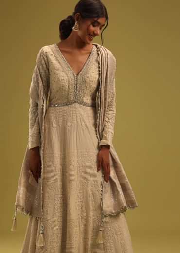 Cream White Anarkali Set In Georgette With Lucknowi Work