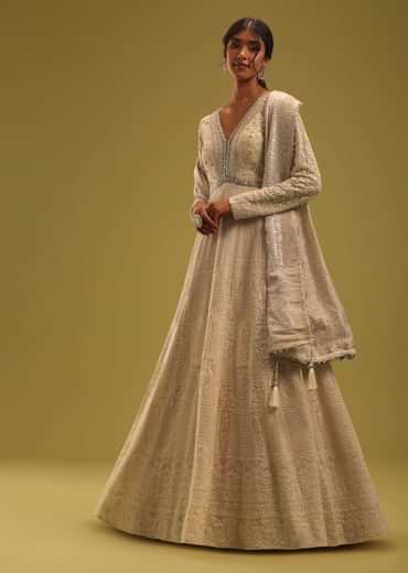 Cream White Anarkali Set In Georgette With Lucknowi Work