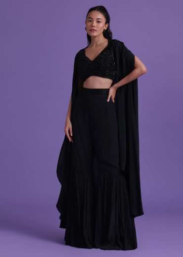 Black Cut Dana Embroidered Sharara And Blouse Set With Shrug in Satin