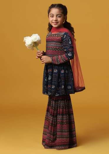 Kalki Peacock Blue Printed Kurta And Sharara Set In Georgette For Girls