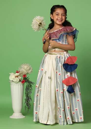 Kalki White Printed Top And Lehenga Set In Cotton Silk For Girls