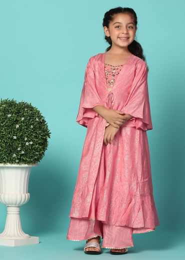Kalki Coral Pink Embroidered Top And Lehenga Set With Jacket In Silk For Girls
