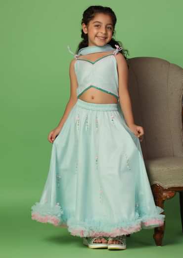 Kalki Mint Blue Embroidered Blouse And Lehenga Set In Net For Girls