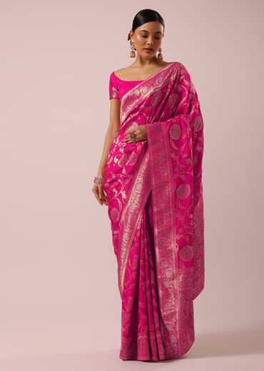 Pink Satin Organza Saree With Floral Jaal Weave