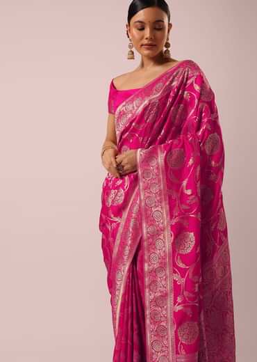 Pink Satin Organza Saree With Floral Jaal Weave
