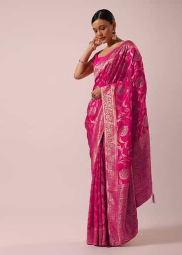 Pink Satin Organza Saree With Floral Jaal Weave