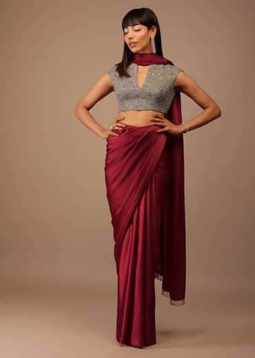 Valentine Red Milano Satin Saree With V Neck Hand Embroidered Crop Top