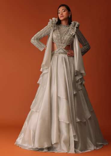 Gold Embroidered Western Bridal Gown In Organza With Shoulder Wings