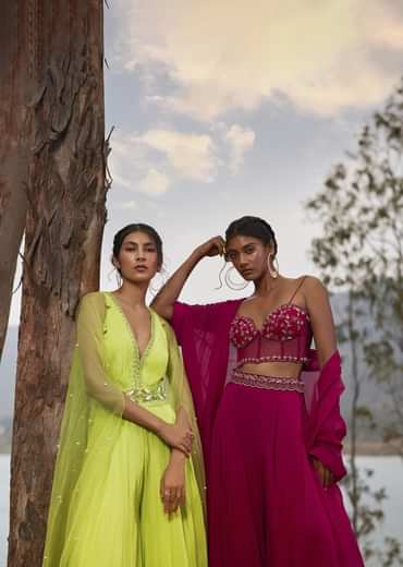 Rani Pink Organza Palazzo And Corset Blouse Set With Floral Embroidery