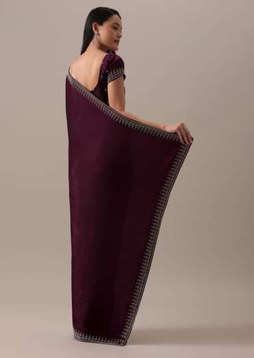 Red Stone Embellished Saree In Satin